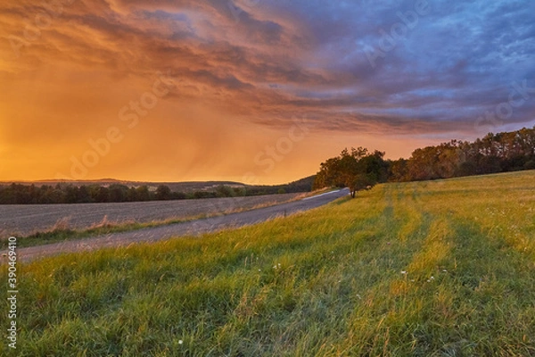 Fototapeta summer storm, golden hour, light effects, calm before the storm, sunset, magic of nature, way to heaven, way to hell, heaven on fire, stormy weather, summer storms, forecast, weather, steamy days, 6