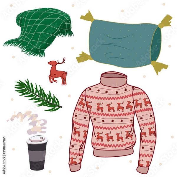 Fototapeta Vector set of cozy clip arts with men's sweater with deers, pillow with dots, red deer toy, fir tree branch, green plaid and coffee cup