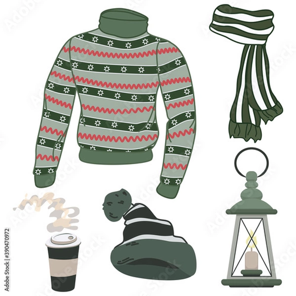 Fototapeta Cozy vector set of clip arts with men's green sweater, striped scarf, winter hat, old fashioned lantern, and coffee cup 