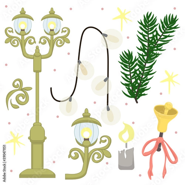 Fototapeta Vector set of vintage street lights, lanterns,  architectural elements, garland, candle, bell and fir tree branch