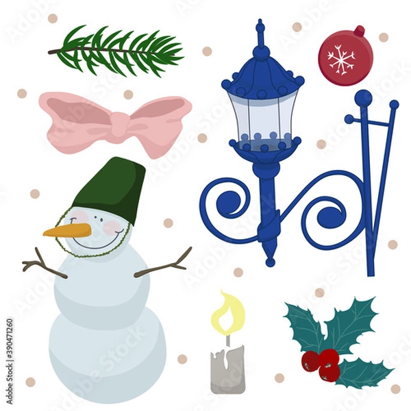Fototapeta Vector set of winter holidays clip arts with a snowman, lantern, holly, ribbon, fir branch. candle and christmas ball