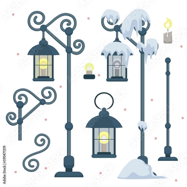 Fototapeta Vector set of vintage street lights, lanterns and architectural elements 