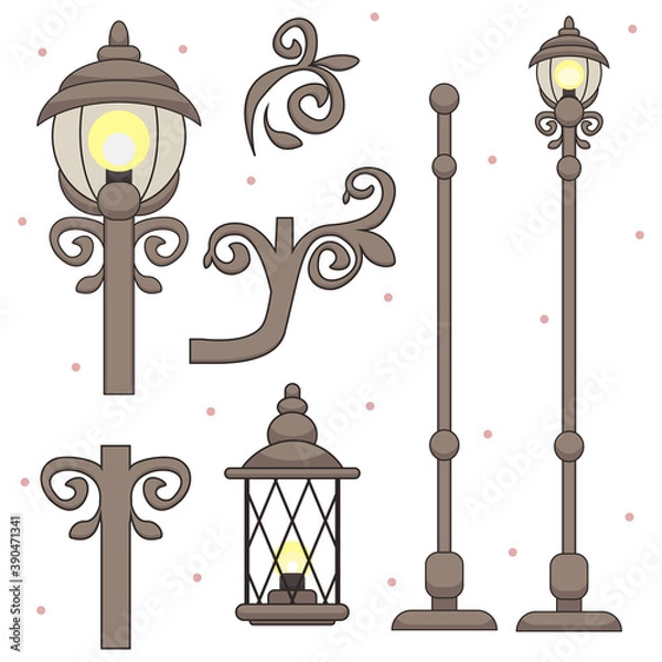 Fototapeta Vector set of vintage street lights, lanterns and architectural elements, ornaments and dots on a background