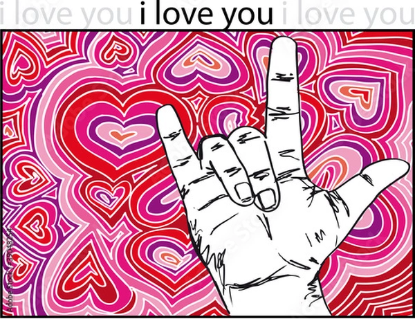Fototapeta sign language for I LOVE YOU with abstract hearts background. Ve