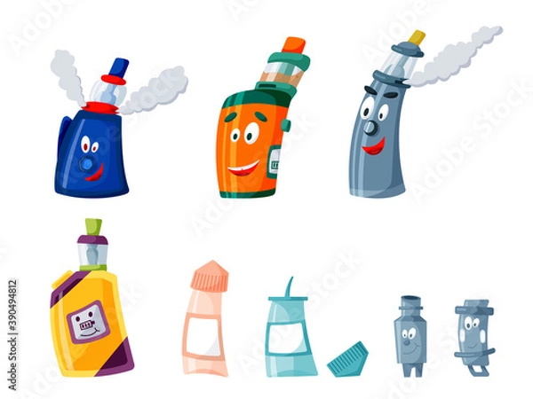 Fototapeta Vector drawing: set of vapes, vaping liquids and vaporizers. Color illustration of characters in cartoon style isolated on white background.