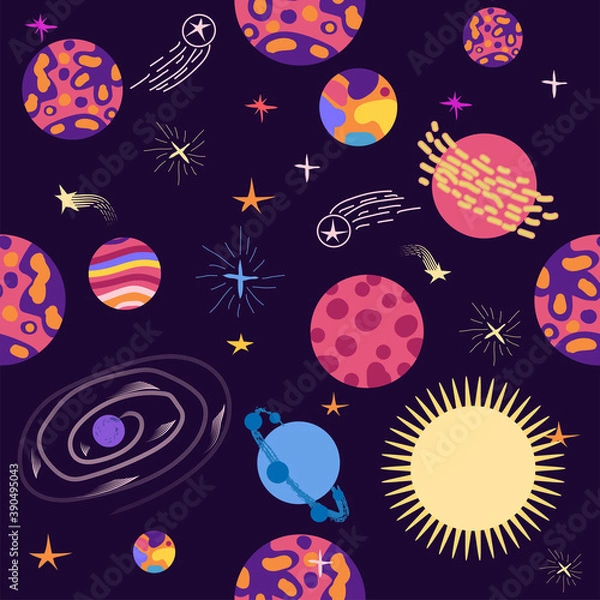 Fototapeta Seamless outer space ufo rocket science kids background pattern