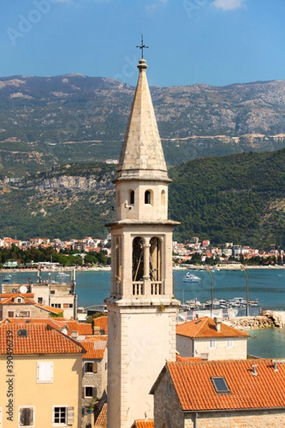 Fototapeta The bell tower of the Cathedral of St. John the Baptist - a visiting card of Budva, Montenegro