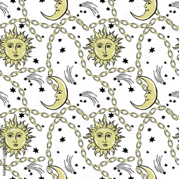 Obraz pattern with sun and moon on night sky with gold chains.