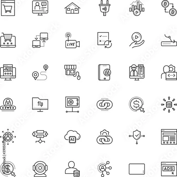 Fototapeta internet vector icon set such as: worker, vote, teacher, currency, identity, portal, cost per click, look, journey, collaboration, history, energy, address, learning, sales, food, privacy, cam, black