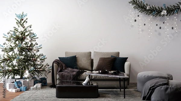 Obraz christmas tree next to sofa and poufs, christmas decorated living room concept, 3D background illustration