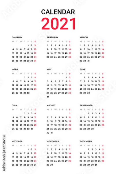 Fototapeta Simple 2021 Calendar Design on White Background