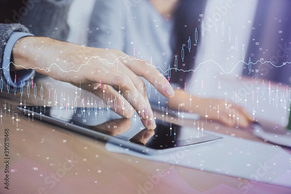 Obraz Double exposure of forex graph drawing and man and woman working together holding and using a mobile device. Trade concept.