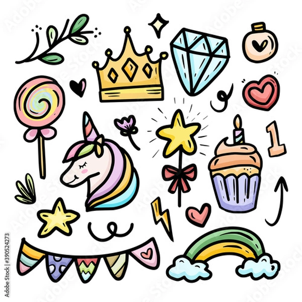 Fototapeta Cute kawaii sticker cartoon set item with unicorn vector icon
