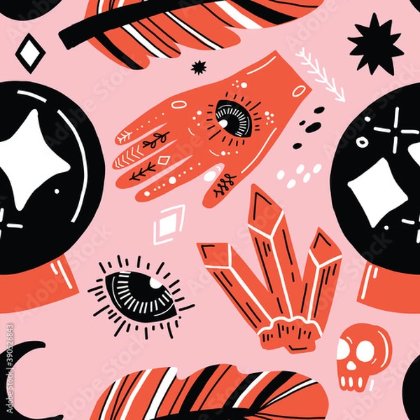 Obraz Pink monochrome palm reader psychedelic line art hand with all seeing eye pattern. Cosmic seamless vector repeat pattern.