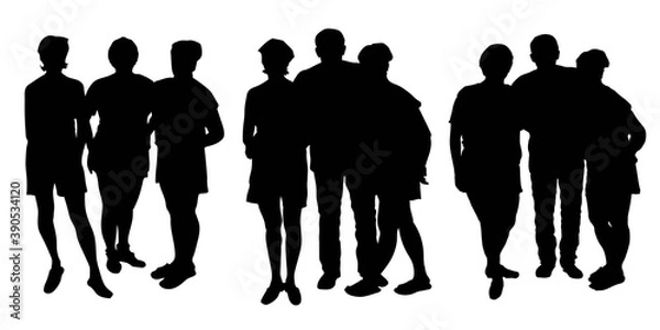 Fototapeta natural shapes Isolated vector silhouettes of a group of adults in three variants, 4, four, people, 3 women and a man, stand in summer clothes on vacation.