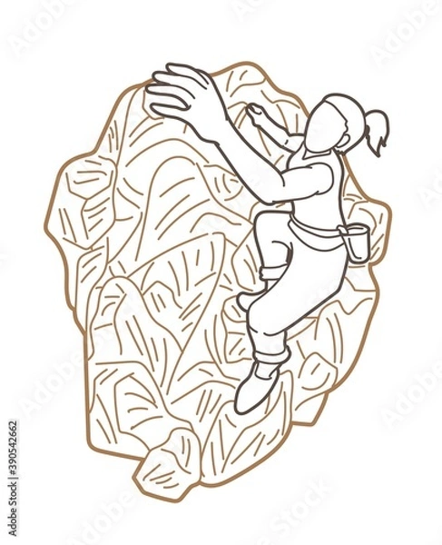 Fototapeta Hiker climbing mountain hiking cartoon graphic vector