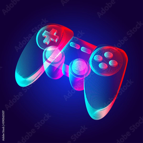 Obraz Gamepad - abstrakcyjny retro kontroler konsoli do gier. Zarys ilustracji wektorowych bezprzewodowego joysticka do gier wideo w stylu sztuki linii 3d na neonowym tle abstrakcyjnych