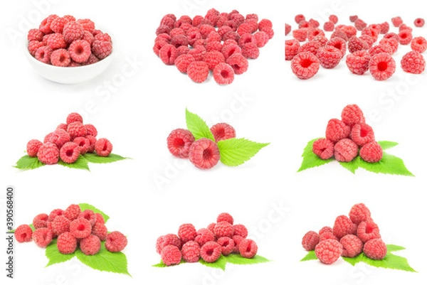Fototapeta Collection of raspberries with leaves over a white background