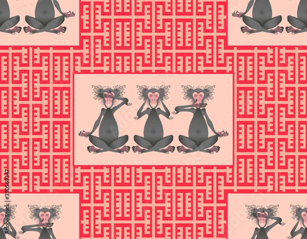 Fototapeta Stylized image of three monkeys covering their eyes, mouth and ears. Seamless pattern. Vector graphics