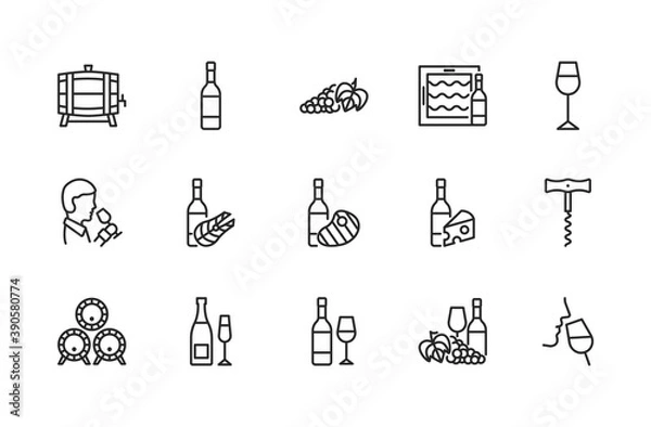 Fototapeta Wine flat line icon set. Vector illustration symbols about different types of wine for fish, meat and cheese. Grape, sommelier, cheese, barrel, corkscrew. Editable strokes.