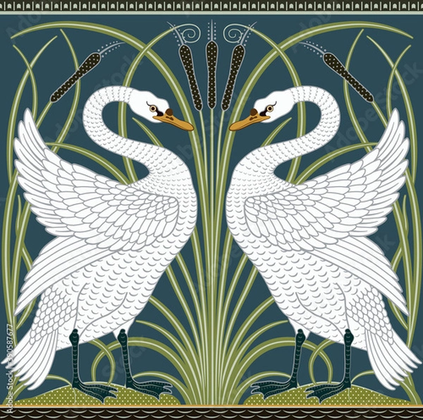 Obraz White swan decorative border pattern on dark green background. Vector illustration.