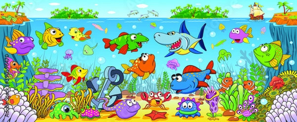 Obraz Underwater world with funny bright tropical fish.