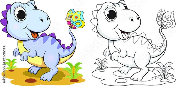 Obraz Little funny dinosaur and butterfly coloring book
