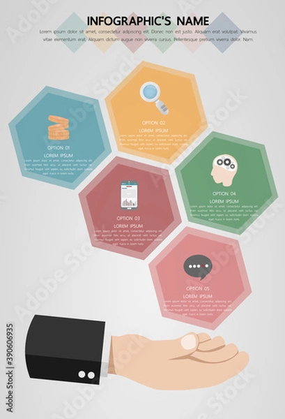 Fototapeta Hexagon of five options infographic template for business presentation