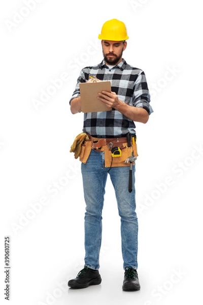 Fototapeta profession, construction and building - male worker or builder in helmet with clipboard over white background