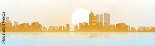 Fototapeta View of the modern daytime city. The brightening light of the sun. Sunrise, dawn. Horizon lines. Vector illustration in a flat style. Beautiful background with lighting.