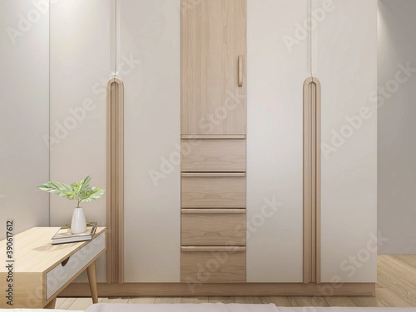 Fototapeta 3D rendering, elegant and modern bedroom design, big bed with overcoat cabinet, coffee table, TV, carpet, etc., very comfortable and leisure