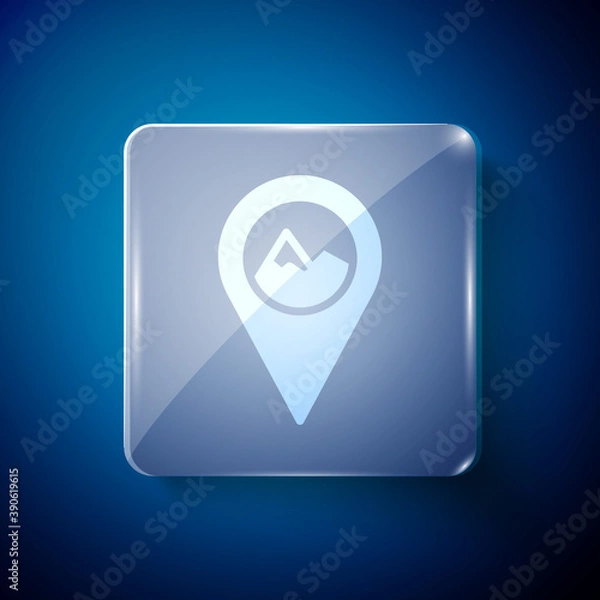 Fototapeta White Map pointer with mountain icon isolated on blue background. Mountains travel icon. Square glass panels. Vector.
