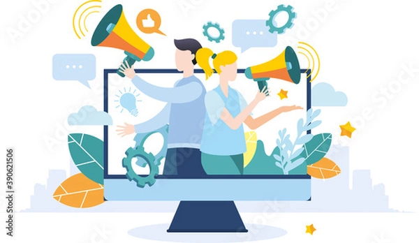 Obraz Modern flat illustration. People with a megaphone on TV. Advertising promotion. Drawing attention. A man and a Woman speak through a megaphone.