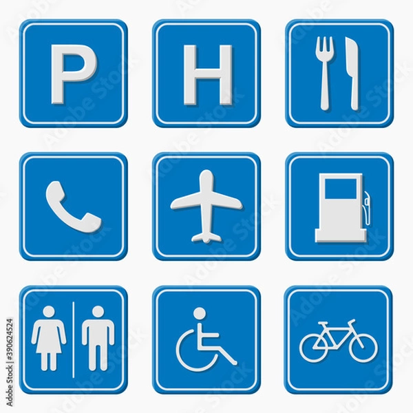 Fototapeta Set of road signs, vector illustration isolated on blue background. Traffic sign concept in different shapes and forms.