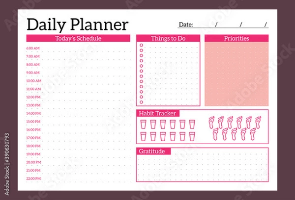 Obraz Daily planner vector template. Page of organizer schedule for a day planning. Crimson abstract illustration design.