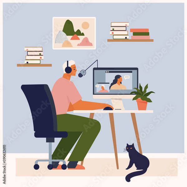 Fototapeta Stay at home, recording podcast show. Male radio host speaking into microphone. Podcaster making content. Social media broadcasting. Blogger workspace. Cute man sitting at table vector illustration.