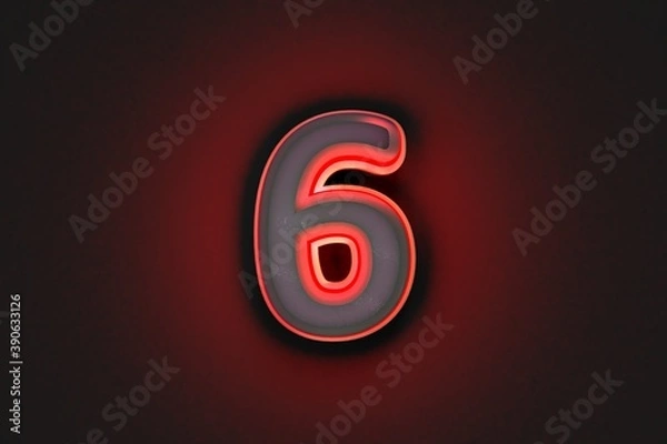 Fototapeta aged grey concrete alphabet with red outline and back light - number 6 isolated on dark grey, 3D illustration of symbols