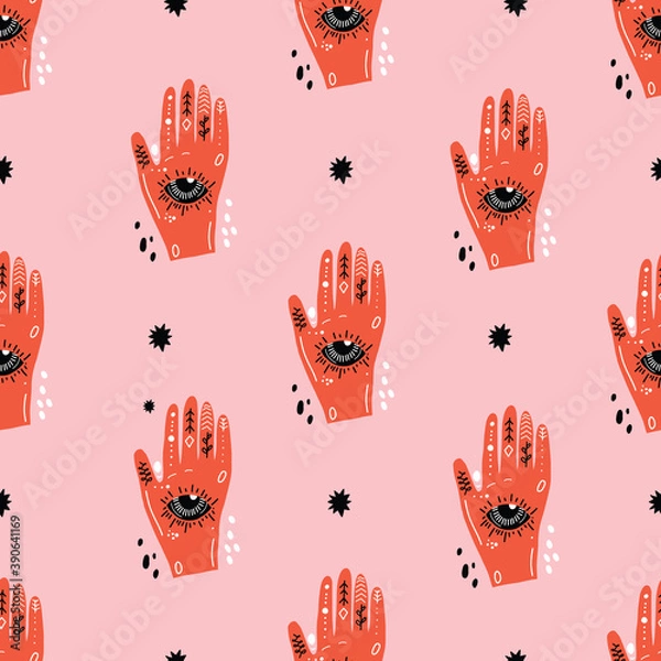 Obraz Pink monochrome palm reader psychedelic line art hand with all seeing eye pattern. Cosmic seamless vector repeat pattern.