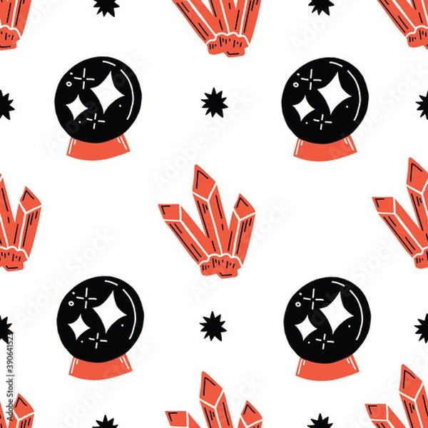 Obraz Red and Black monochrome palm reader psychedelic with crystals and fortune ball pattern. Cosmic seamless vector repeat pattern.