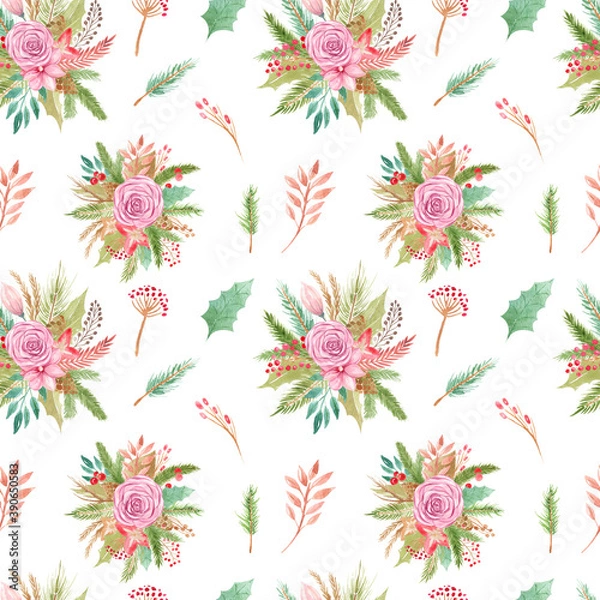 Fototapeta Seamless pattern Christmas flowers rose bouquet. Floral element for decoration of greeting cards, invitations and cards. Botanical arrangement winter design on a white background