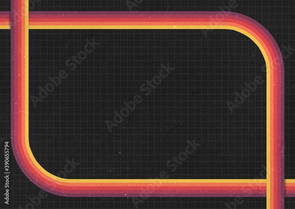 Obraz A retro 1970's or 1980's dark graphic background design for use as a product, poster or flyer background with yellow, orange and red curved stripes with corner border and copy space for design