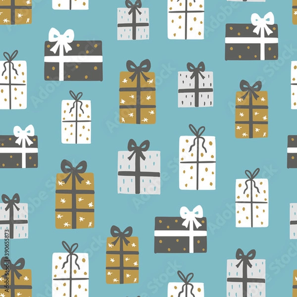Fototapeta Christmas vector repeat pattern with hand drawn gifts
