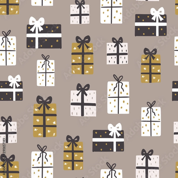 Fototapeta Christmas vector repeat pattern with hand drawn gifts
