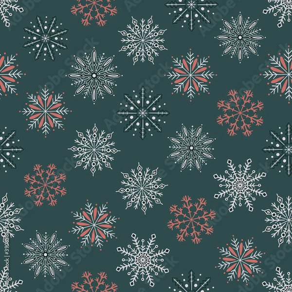 Fototapeta Christmas vector repeat pattern with hand drawn snowflakes in modern pink and dark green color combination.