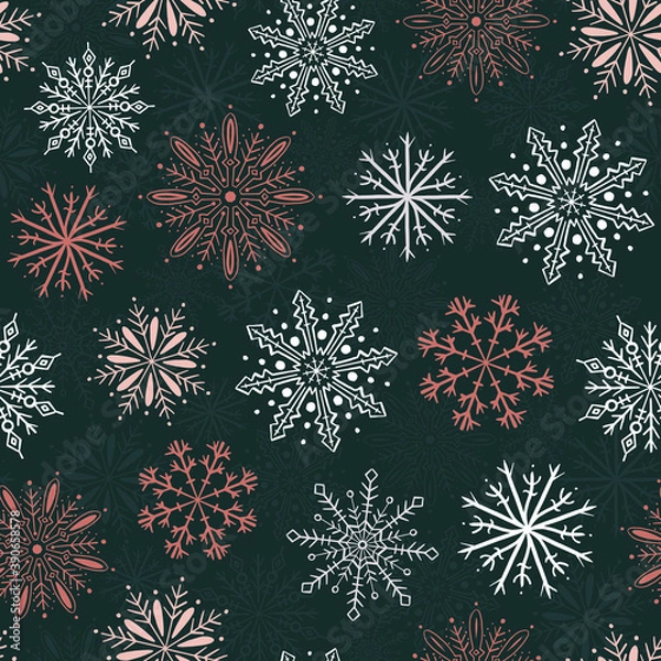 Fototapeta Christmas vector repeat pattern with hand drawn snowflakes
