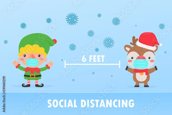 Fototapeta Elf and reindeer Wear a mask to prevent the coronavirus during Christmas.