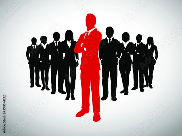 Fototapeta Leader in front of his large team of successful executives. A large team of successful executives in silhouettes led by a great  bold, daring leader in red who stands in front of them.