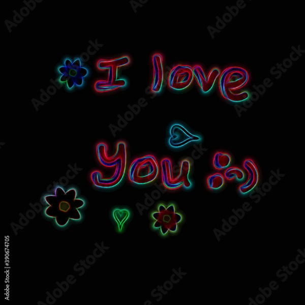 Fototapeta Handwriting "I LOVE YOU" text message with glowing neon colors effect isolated on the black background