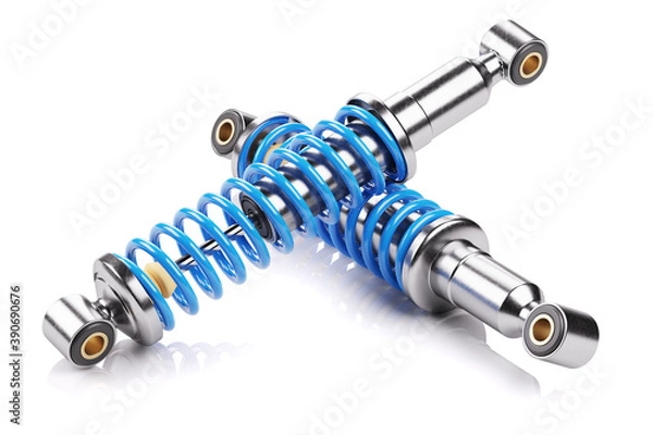 Fototapeta Pair of blue shock absorbers with springs. Suspension components. 3D