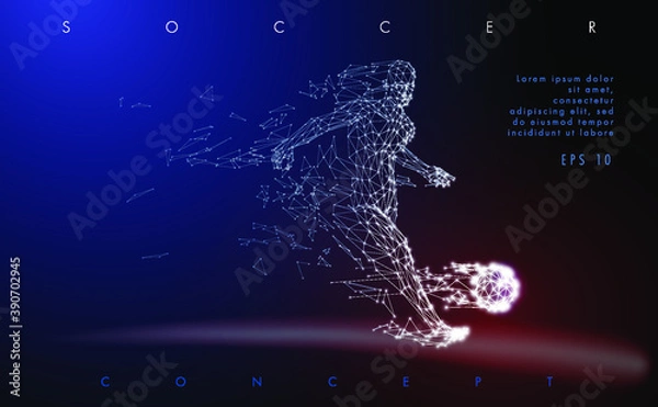 Obraz Abstract low-poly football player which consists of line and points, on dark background. Vector illustration. Graphic concept soccer.